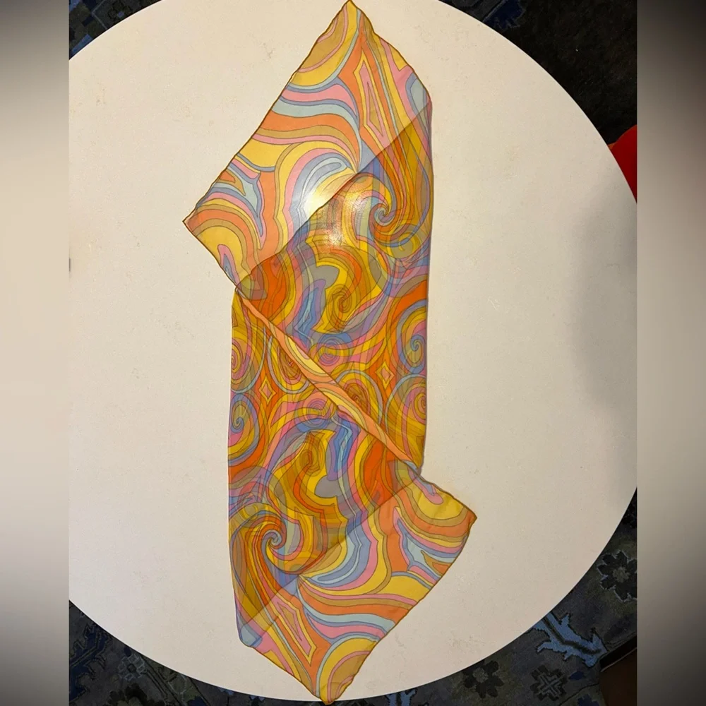 Sheer Paisley 1970s Mod Scarf /Ponytail Tie/Wrap Orange/Pink/Blue/Yellow 15βx44β - Picture 6 of 16